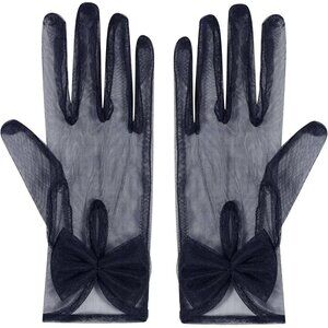 Women's Bow Navy Evening Sheer Tulle Short Length Gloves Wrist Tea Party Prom